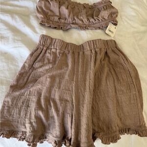 Free People set of High-Waist Ruffle Hem Shorts in Taupe